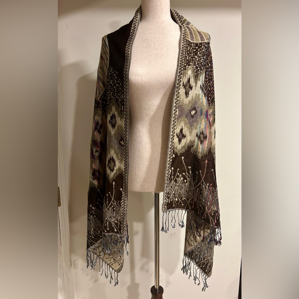Pashmina Brown & Cream 100% Pashmina Scarf W/ Leaf Design & Multcolored Accents